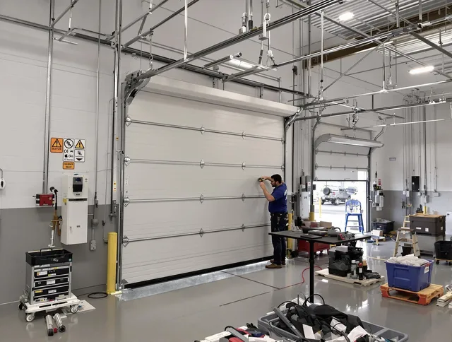 Commercial garage door repair being performed by Tamiami Garage Door Repair expert in Tamiami