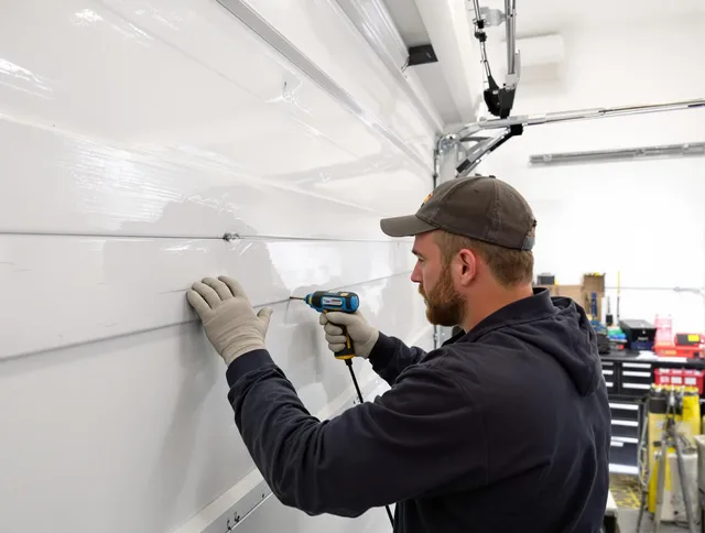 Tamiami Garage Door Repair technician demonstrating precision dent removal techniques on a Tamiami garage door