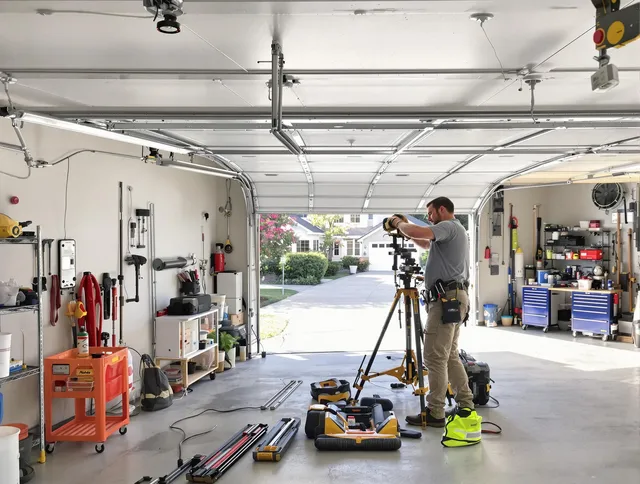Tamiami Garage Door Repair specialist performing laser-guided track alignment in Tamiami
